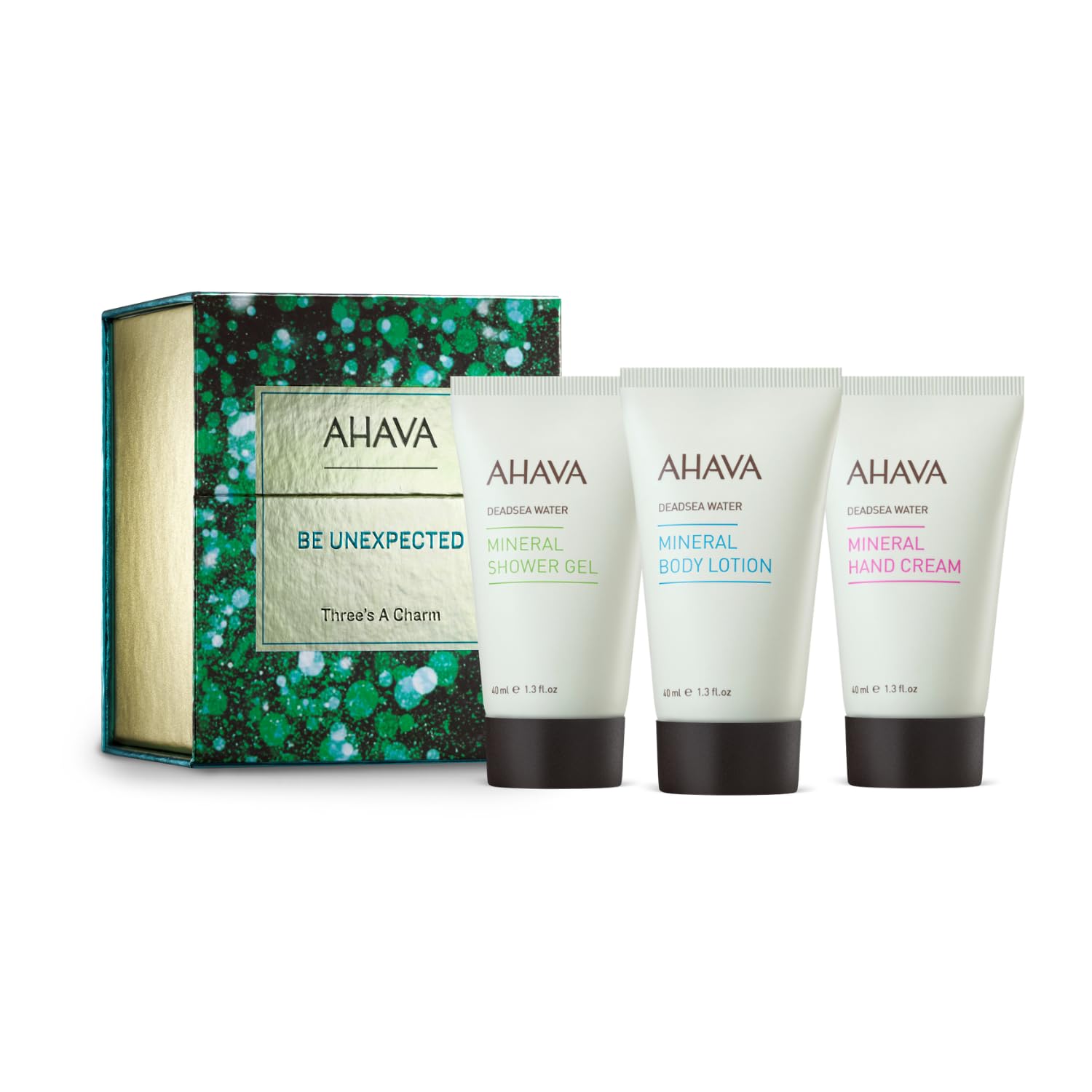 AHAVA Three’s A Charm Gift Set - Includes Mineral Body Lotion, Mineral Hand Cream & Mineral Shower Gel, Enriched with Exclusive Dead Sea Mineral Blend Osmoter, 3 x 1.3 Fl.Oz