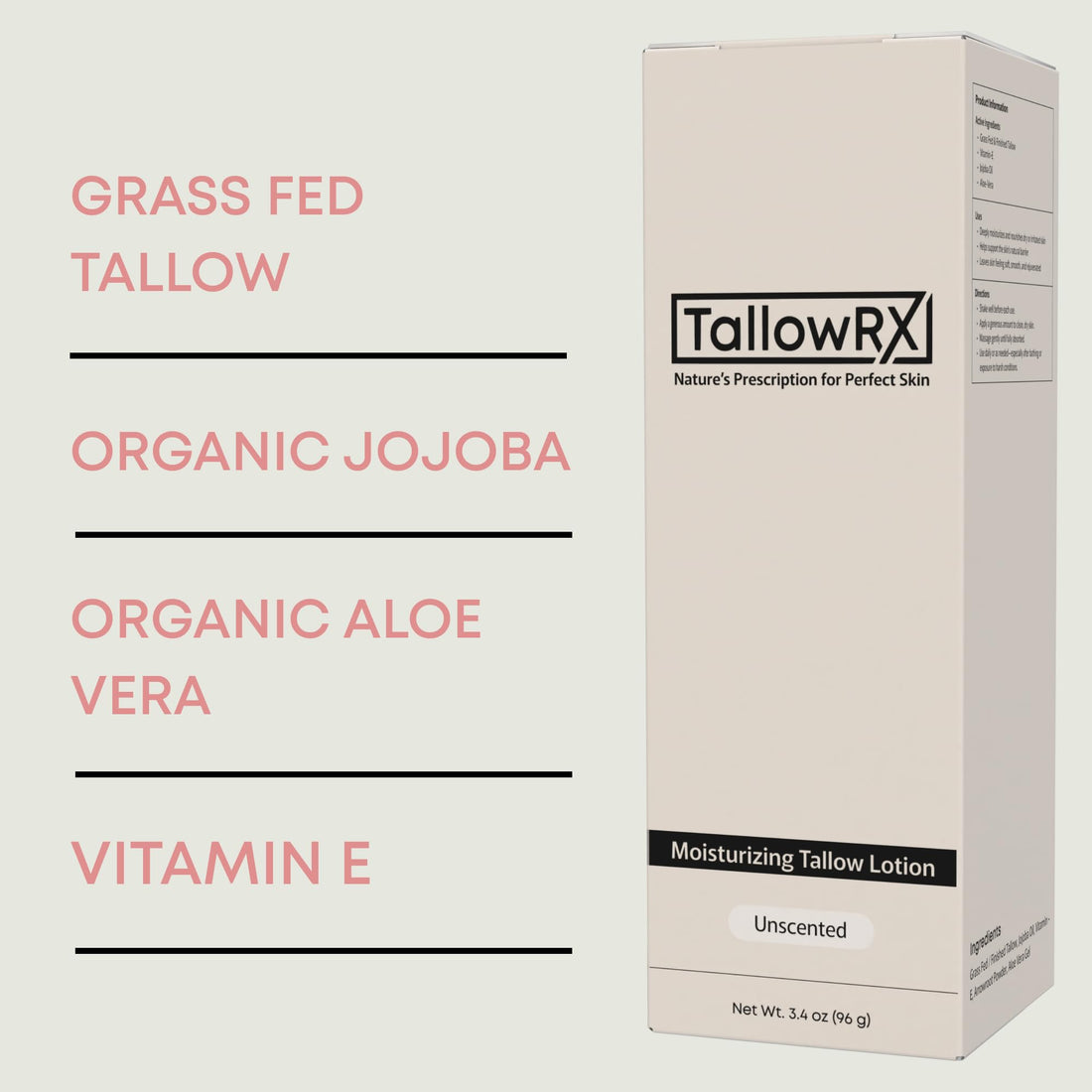 TALLOWRX Whipped Tallow Lotion – Deep Moisture for Face & Body – Organic, Grass-Fed Tallow with Aloe & Vitamin E – Non-Greasy Hydration – (3.4 oz, Unscented)