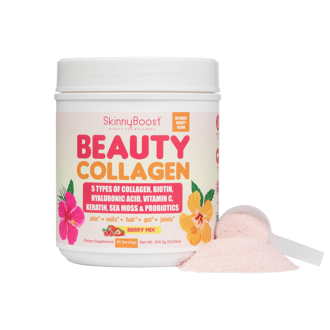 Beauty Collagen-Berry Mix Flavored-Ultimate Beauty Blend with 5 Types of Collagen, Sea Moss, Biotin, Keratin, Hyaluronic Acid, Vitamin C and Probiotics-All Natural, Made in USA -45 Servings