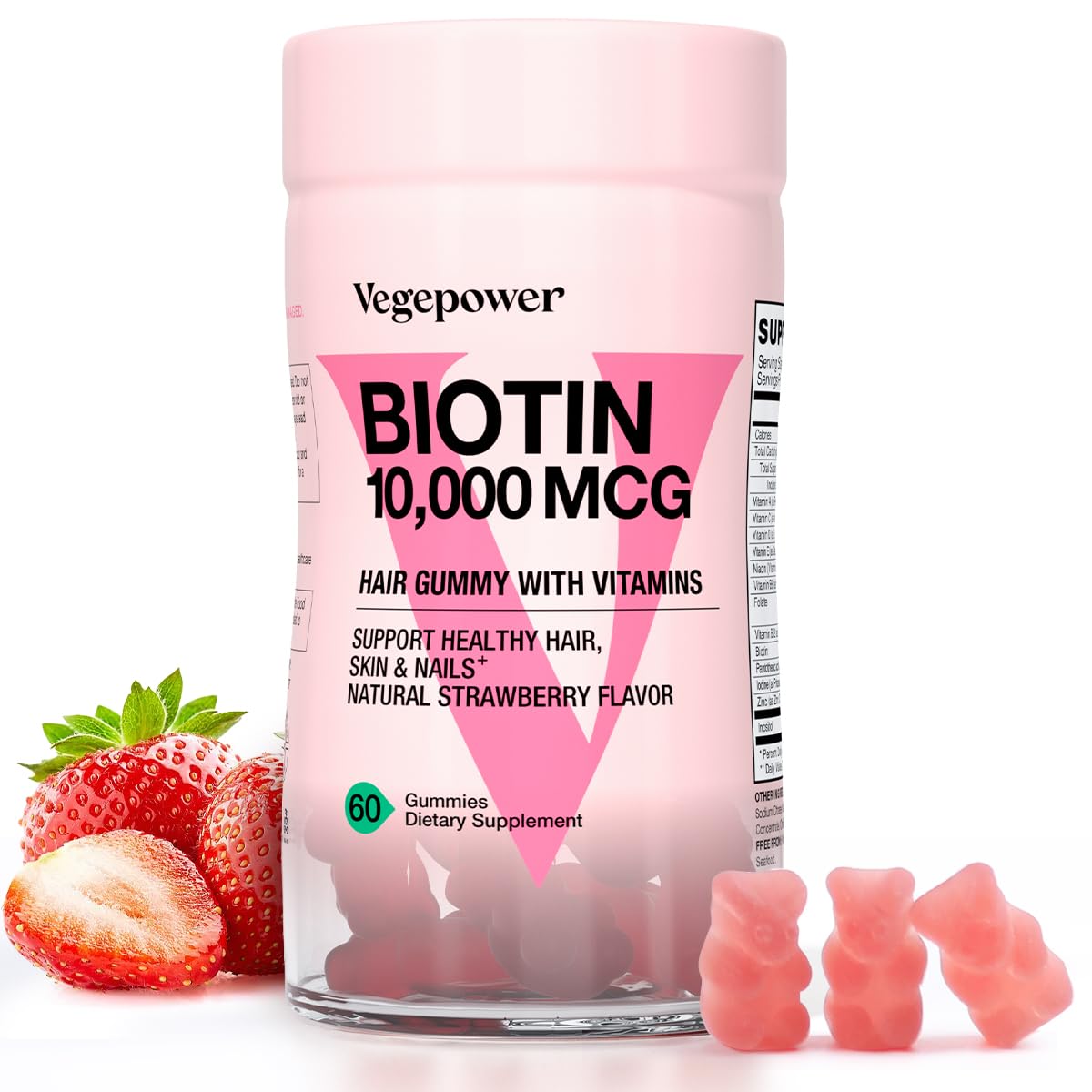 VEGEPOWER Biotin 10000mcg Hair Growth Gummies - Vegan Biotin Supplement Supports Healthy Hair, Skin and Nails, Non-GMO Hair Vitamin Gummy for Women Men Strawberry 60 Bears