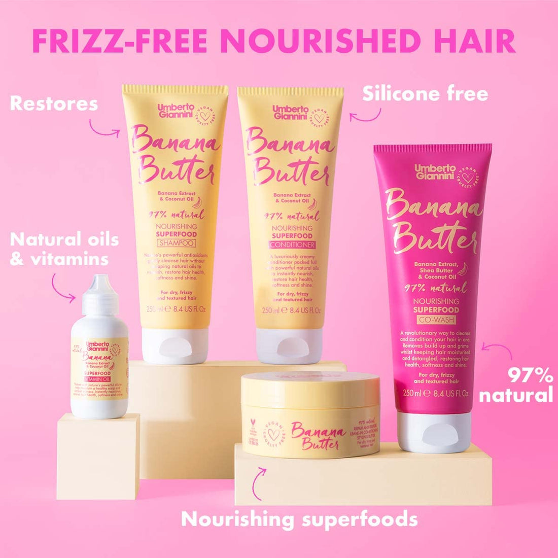 Umberto Giannini Banana Butter Nourishing Superfood Shampoo & Conditioner Set, Vegan & Cruelty Free Moisturising Formula for Dry, Textured or Frizzy Hair