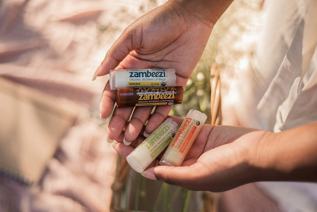 ZAMBEEZI Fair Trade, Organic Beeswax Lip Balm - Variety 4 Pack (Lemongrass, Tangerine, Suncare and Honeybalm) - Ethically Sourced