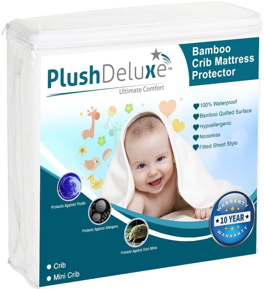 Crib Mattress Protector 100% Waterproof, Noiseless – Viscose Made from Quilted Ultra Soft White Terry Fitted Sheet Style (28x52)