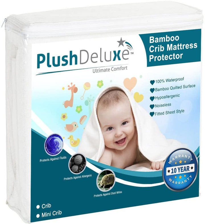 Crib Mattress Protector 100% Waterproof, Noiseless – Viscose Made from Quilted Ultra Soft White Terry Fitted Sheet Style (28x52)