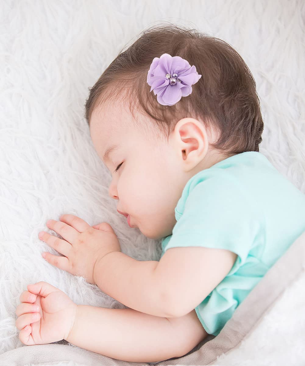 inSowni 2 Alligator Hair Clips Barrettes Chiffon Flower Bow with Rhinestone Pearl for Baby Girl Toddlers