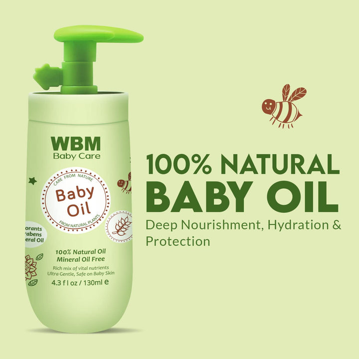 WBM Care Baby Oil, Moisturizing Baby Massage Oil, Mineral Oil Free, Enriched with 100% Natural Ingredients and Vitamin E for Gentle Baby Care - 4.3 fl oz