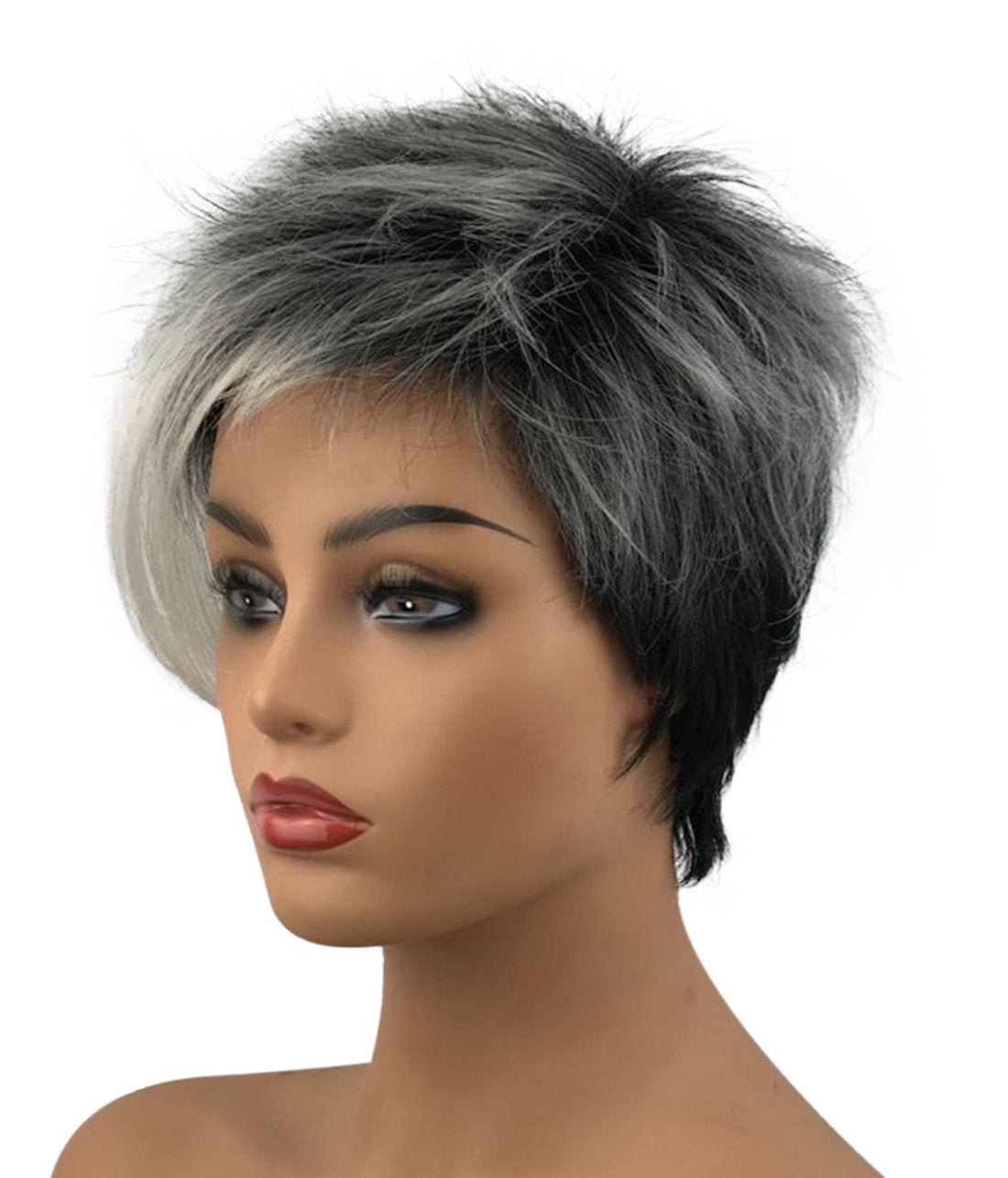 Wiginway 6'' Short Straight Wig For Women Ombre Gray Black Wigs Side Bangs Layered Punk Nightclub Party Wigs
