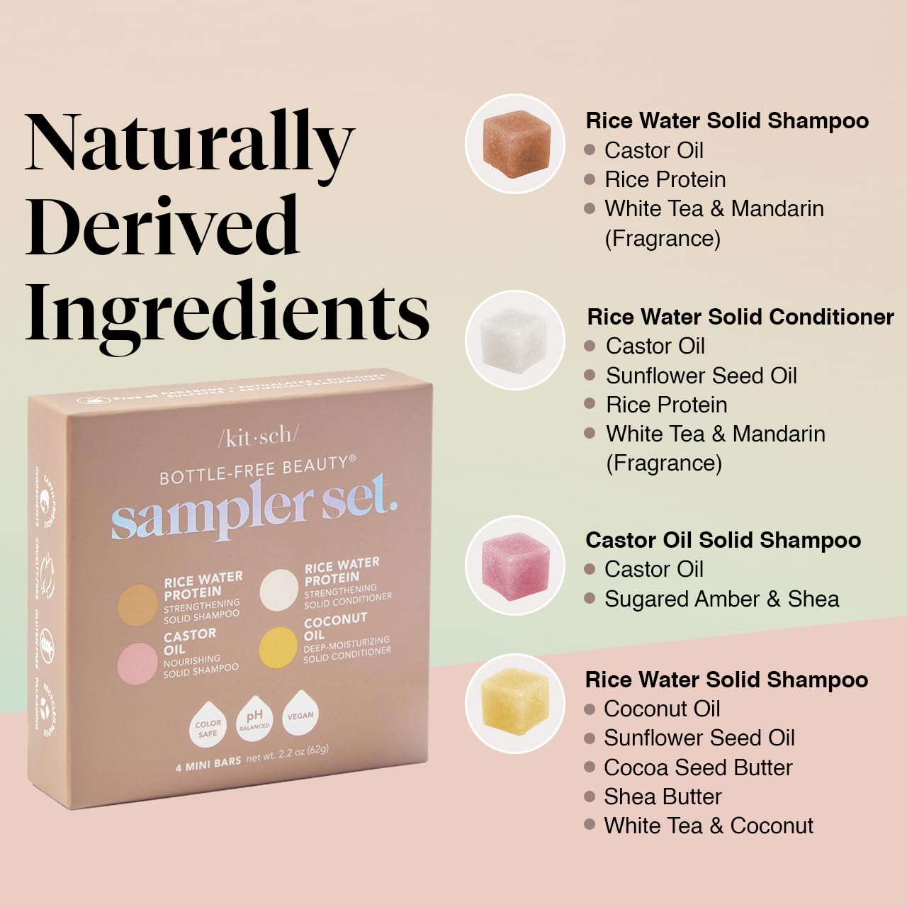 Kitsch 4pc Sampler Solid Shampoo and Conditioner Set - Rice Bar & Castor Oil Shampoo and Rice Bar & Coconut Oil Deep-Moisturizing Hair Conditioner, Zero Waste