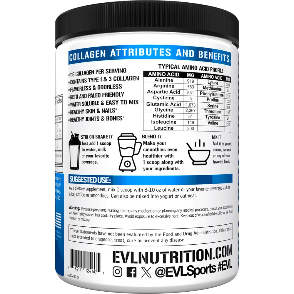 Evlution Nutrition Collagen Peptides Powder, Premium Hydrolyzed Collagen to Support Healthy Skin, Hair, Bones, Joints, Nails & More (30 Servings)