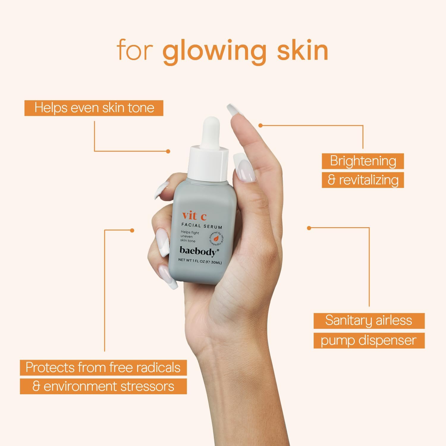 Baebody Vitamin C Serum 20% for Face, Professional Anti-Aging Topical Facial Serum w Hyaluronic Acid and Vitamin E, Super Strength w Organic Ingredients, 1oz