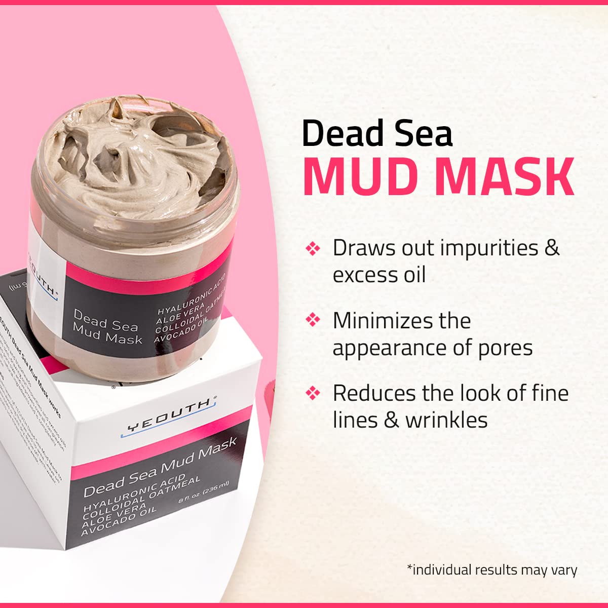 YEOUTH Dead Sea Mud Face Mask, Anti Aging Wrinkles, Blackheads Removal, Pore Size, Breakout Clearing, Anti Aging Facial Treatment, Facial Cleanser for Dry Skin 8oz - GUARANTEED