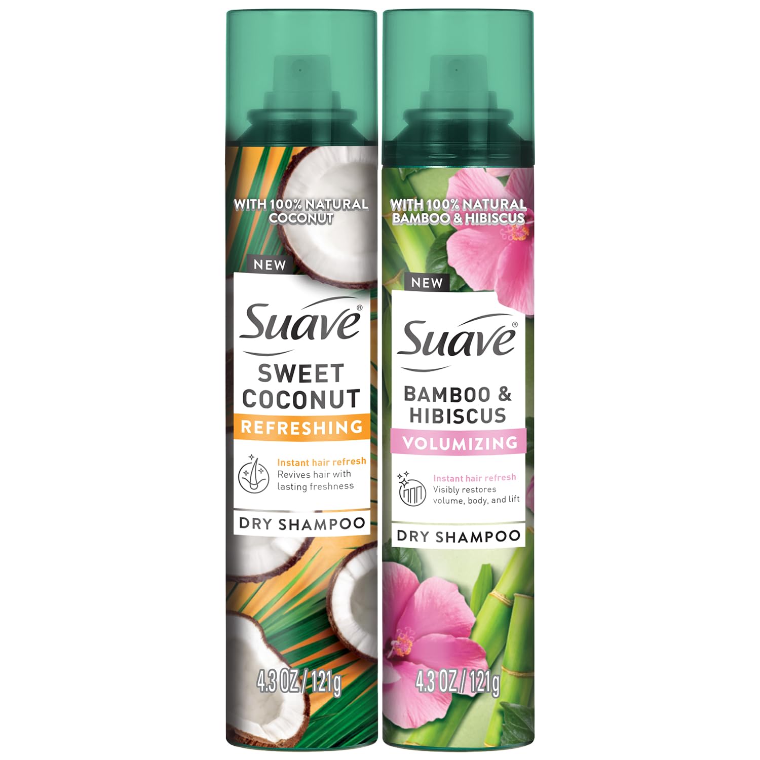 Suave Dry Shampoo Spray Variety 2-Pack – Volumizing Bamboo & Hibiscus, Refreshing Sweet Coconut, 4.3 Oz Ea