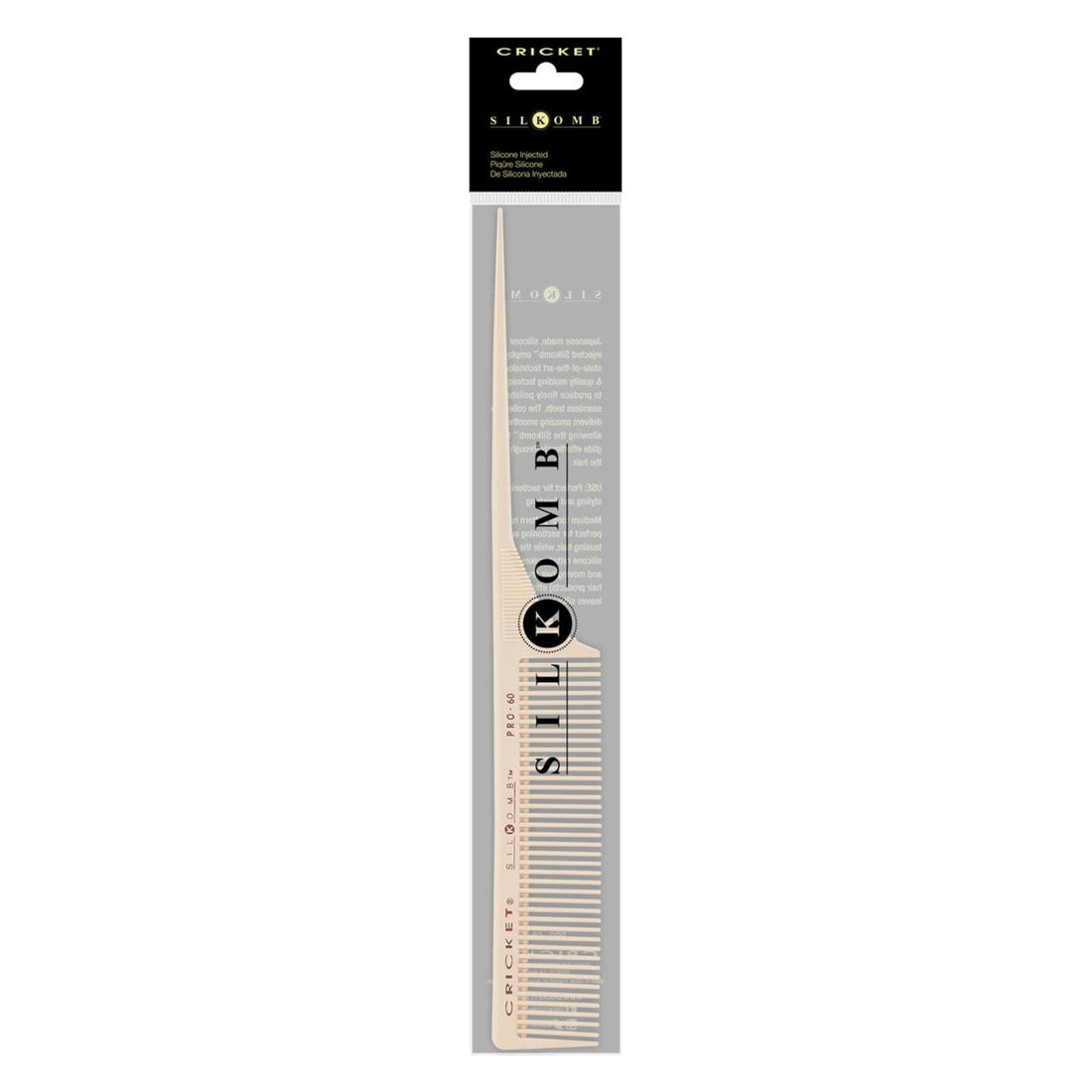 Cricket Silkomb Pro-60 Medium Tooth Rattail Professional Hair Stylist Comb for Teasing Sectioning Parting Lifting Styling Coloring Hair