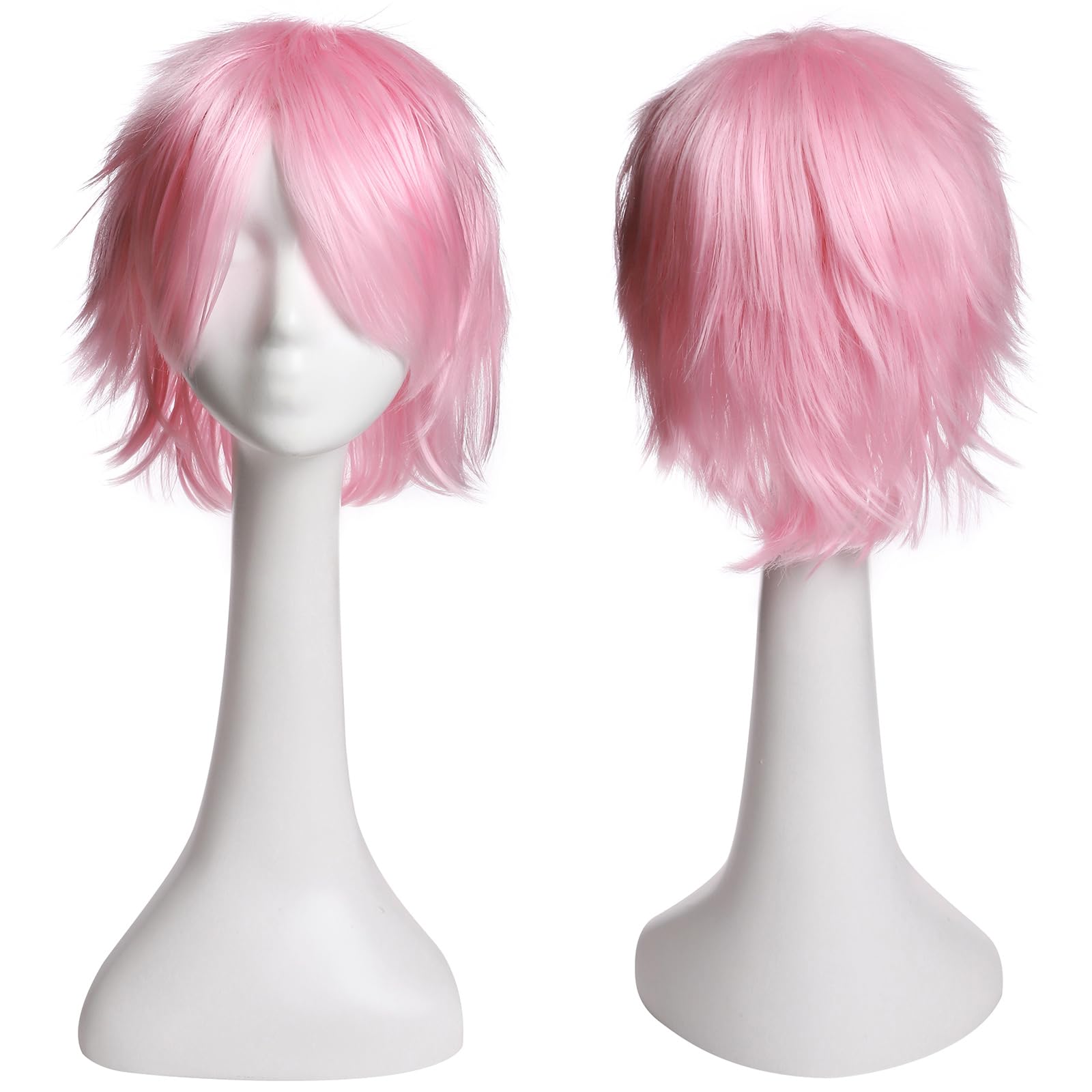 Short Anime Cosplay Wigs for Women and Men Unisex Halloween Costume Pink Wig Oblique Bangs + One elastic wig cap for free