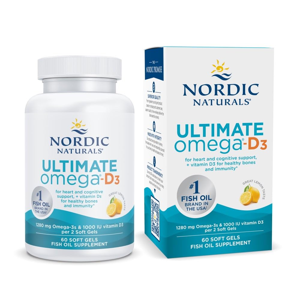 Nordic Naturals Ultimate Omega-D3, Lemon Flavor - 60 Soft Gels - 1280 mg Omega-3 + 1000 IU Vitamin D3 - Omega-3 Fish Oil - EPA & DHA - Promotes Brain, Heart, Joint, & Immune Health - 30 Servings