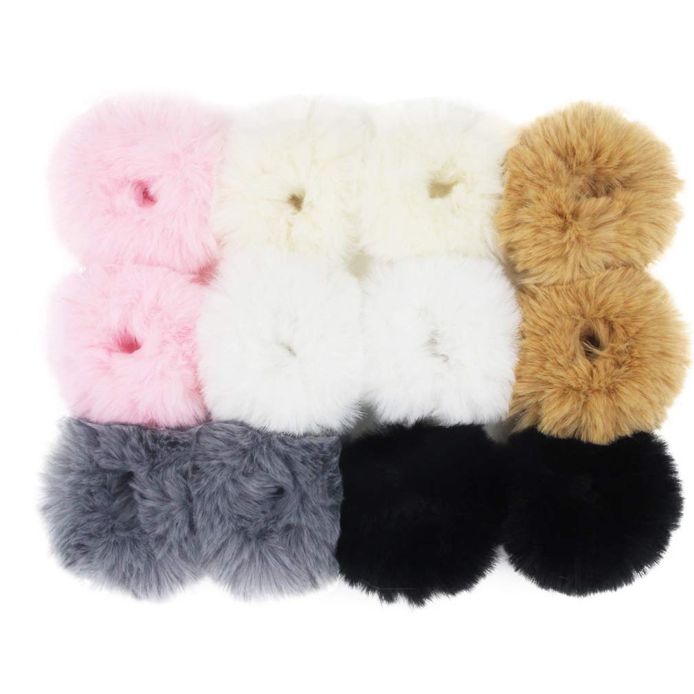 Set of 12 Fuzzy Furry Artificial Rabbit Fur Scrunchies Faux Fur Hair Band Rope Hair Holder Wristband Hair Ring Hair Tie Ponytail Holder Hair Accessories (Popular Mix Colors)