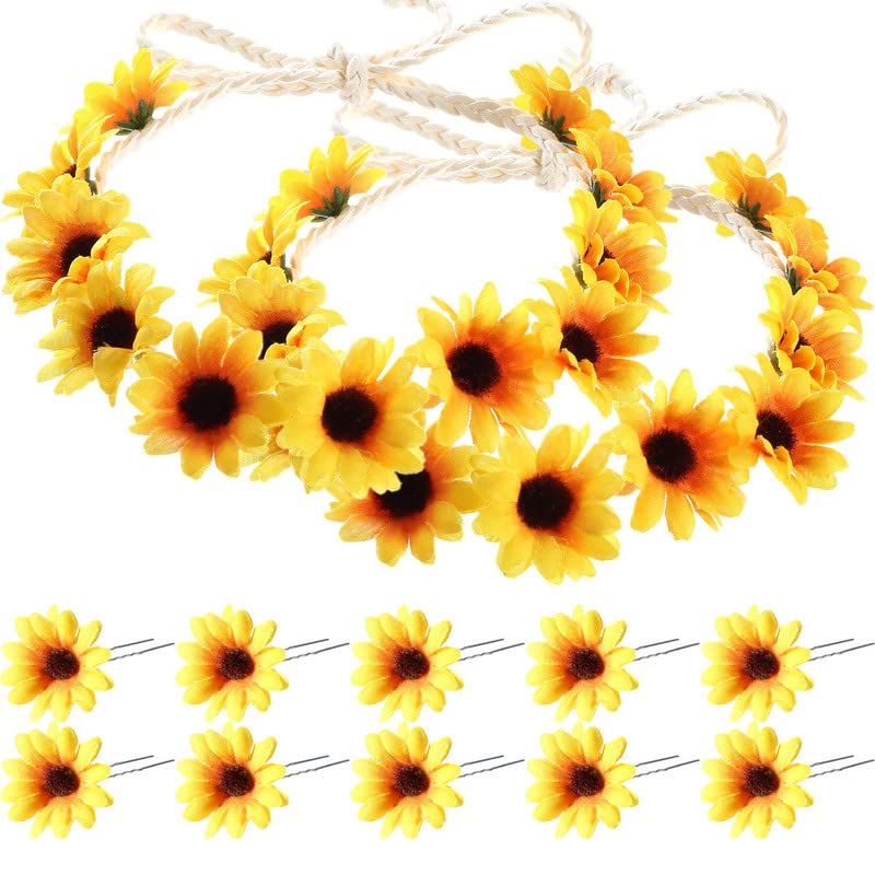 Boao Boao 10 Pieces Sunflower Hair Pins Floral Hair Clips with 2 Pieces Sunflower Wreath for Women and Girls, Performances, Parties, Weddings, Festivals