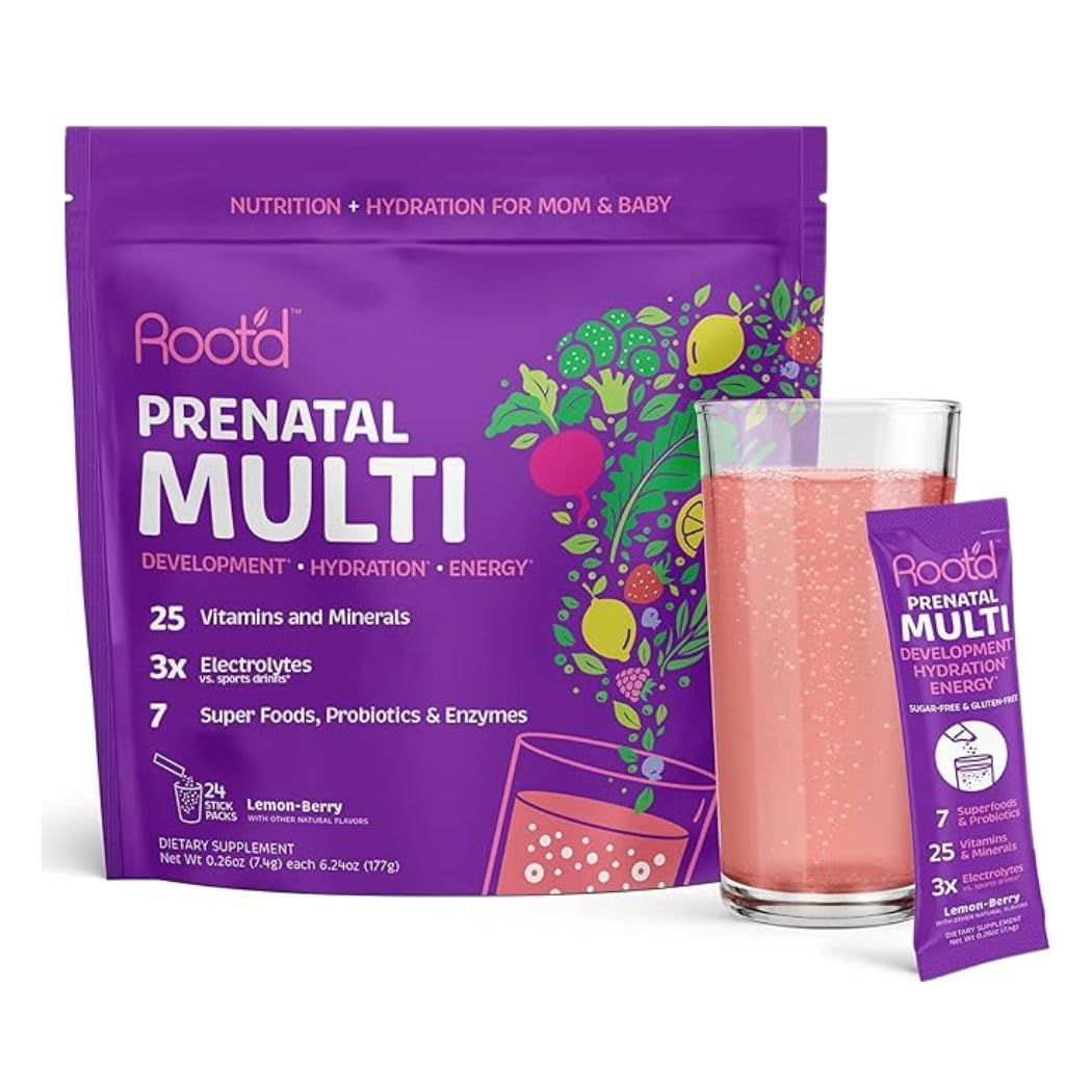 Root'd Prenatal Multivitamin Powder with 3X Electrolytes - 25 Vitamins & Minerals, Folate, Iron, Vitamin D3, 7 Superfoods & Probiotics, Sugar-Free Vitamins & Hydration | 24 Vitamin Drink Mix Packets