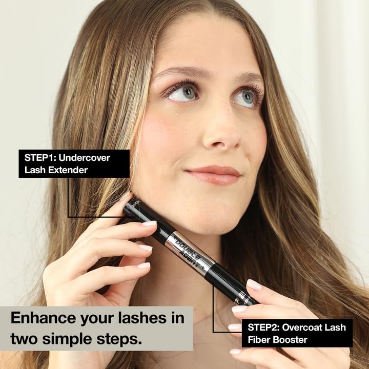 Palladio Double Agent Lash Extender Undercover Fiber Booster Mascara, dual lash system, increase eyelash length and volume, boost lashes for a bold dramatic look, voluminous makeup mascara, Jet Black