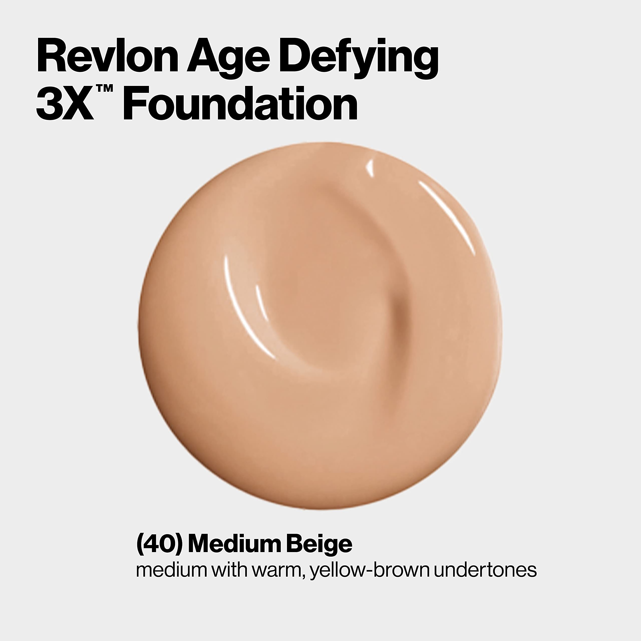 Revlon Liquid Foundation, Age Defying 3XFace Makeup, Anti-Aging and Firming Formula, SPF 30, Longwear Medium Buildable Coverage with Natural Finish, 040 Medium Beige, 1 Fl Oz
