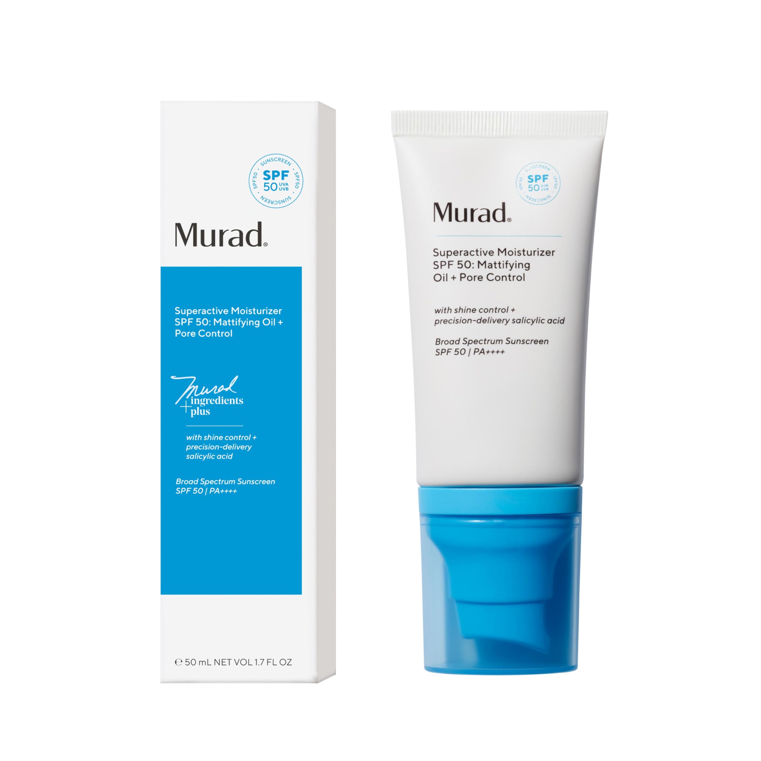 Murad Superactive Mattifying Oil and Pore Control Moisturizer SPF 50 - Shine Free Hydrating Facial Sunscreen Supercharged with Salicylic Acid To Smooth Texture and Minimize Look of Pores - 1.7Fl Oz