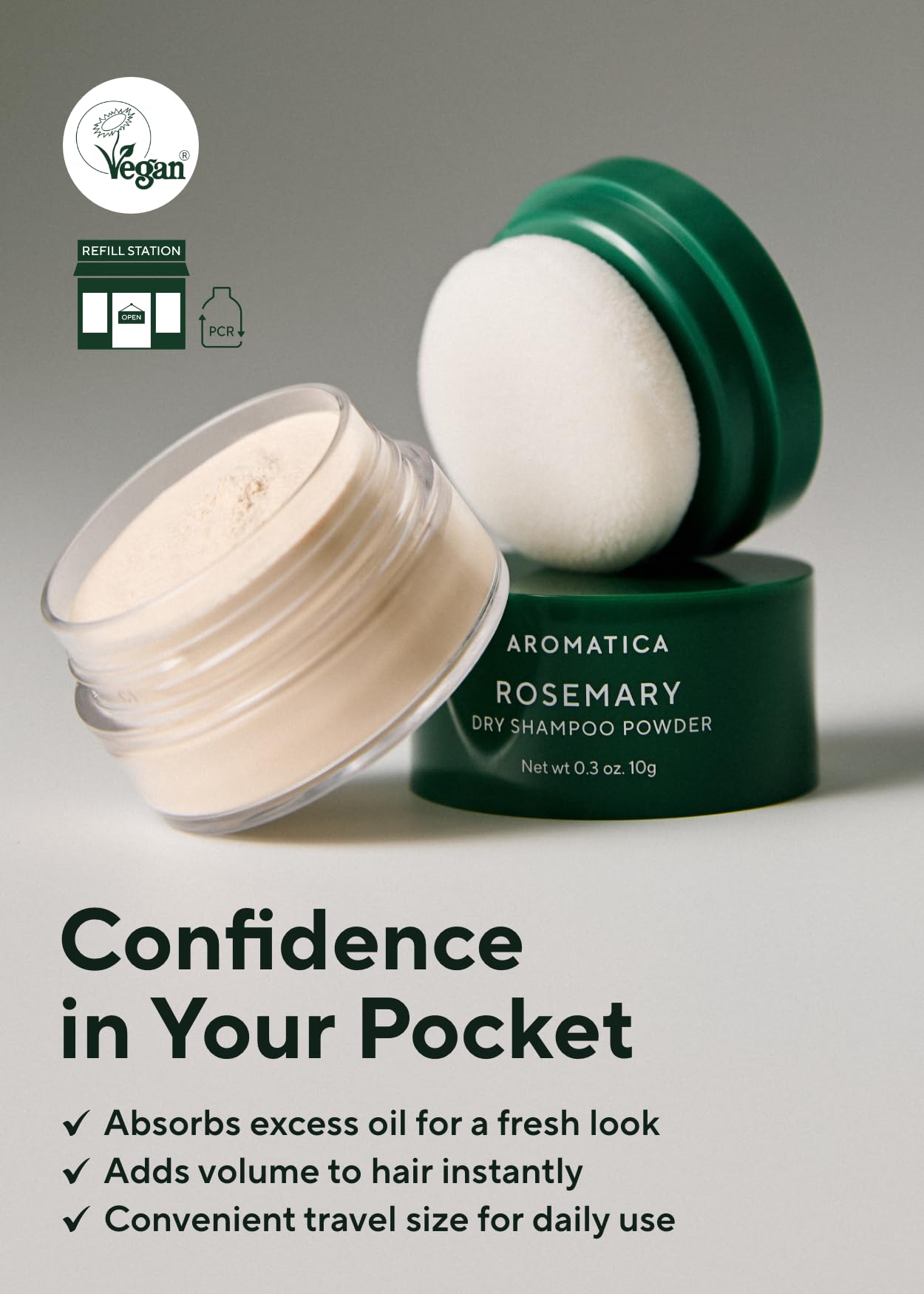 AROMATICA Rosemary Dry Shampoo Powder 10g/0.3oz - Travel Size Dry Shampoo with Panthenol and Biotin For Hair | Non aerosol & Talc Free