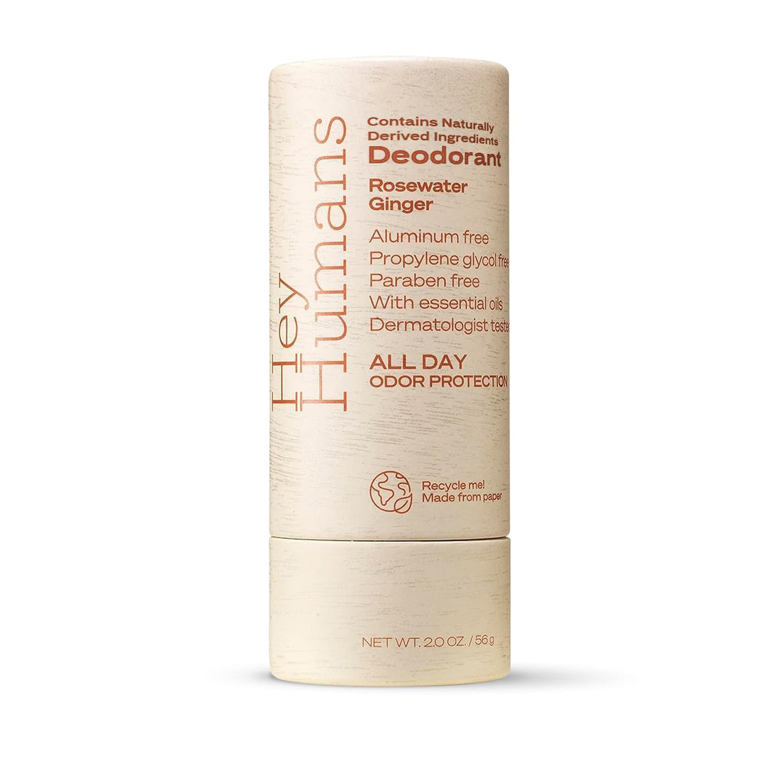 Hey Humans Deodorant, Aluminum Free Deodorant for Women and Men, Contains Naturally Derived Ingredients, All Day Odor Control, Refreshing Essential Oils, Earth Friendly Package, Rosewater Ginger