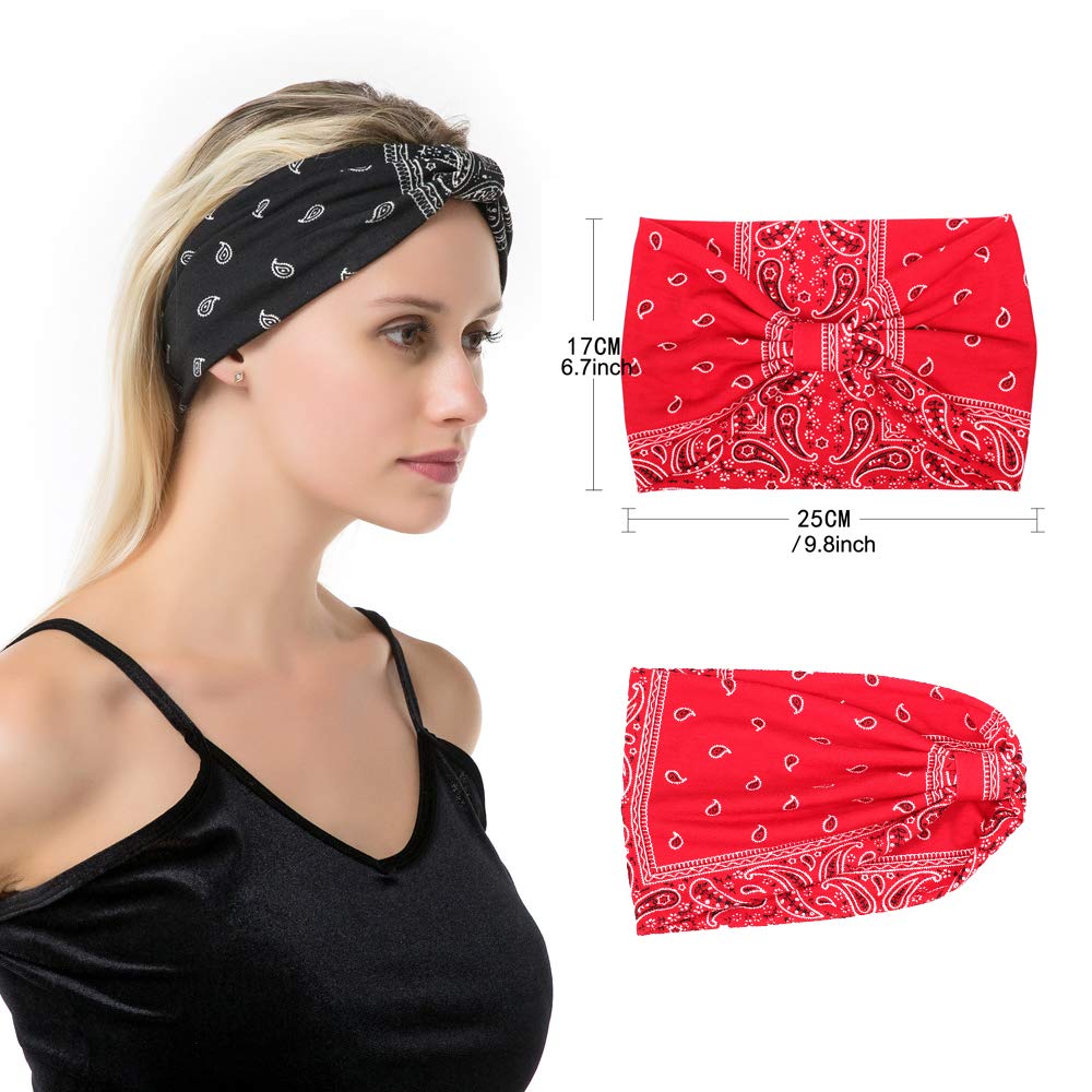 DINPREY Assorted Paisley Print Wide Bandana Knot Headbands Criss Cross Head Wrap Hair Band (4 Colors Pack B)