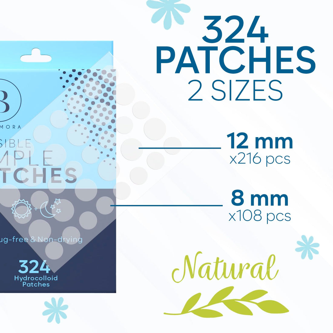 BLOOMORA Invisible Pimple Patches (324 Count) - Hydrocolloid Acne Spot Treatment - Zit Patches for Face - Acne Treatment for Face - S/L Sizes