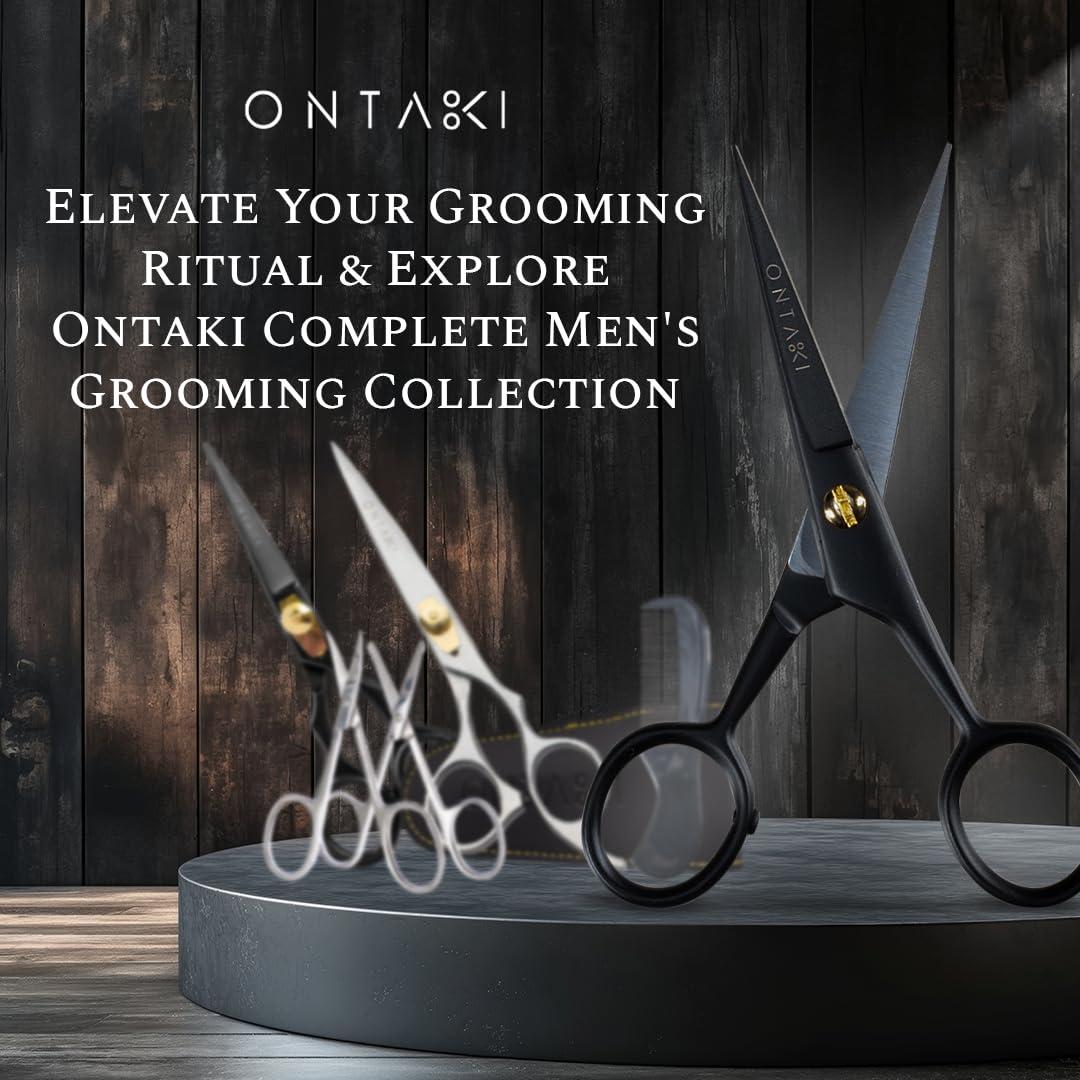 Ontaki 5 Professional German Beard & Mustache Scissors with 2 Comb & Carrying Pouch for Men - Bevel Edge for Precision - Facial Hair Grooming Kit All Body Hair - Black - Beard Trimming Scissors