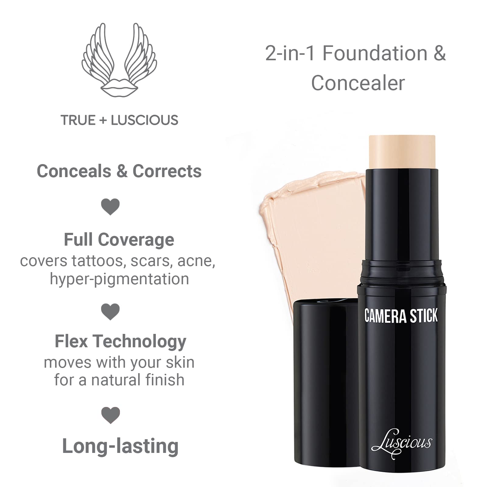 Camera Stick Foundation by Luscious Cosmetics | Full Coverage Cream Foundation | Super blendable & Hydrating Formula | Cruelty-Free and Vegan Makeup (0 Ivory) : 0 Ivory