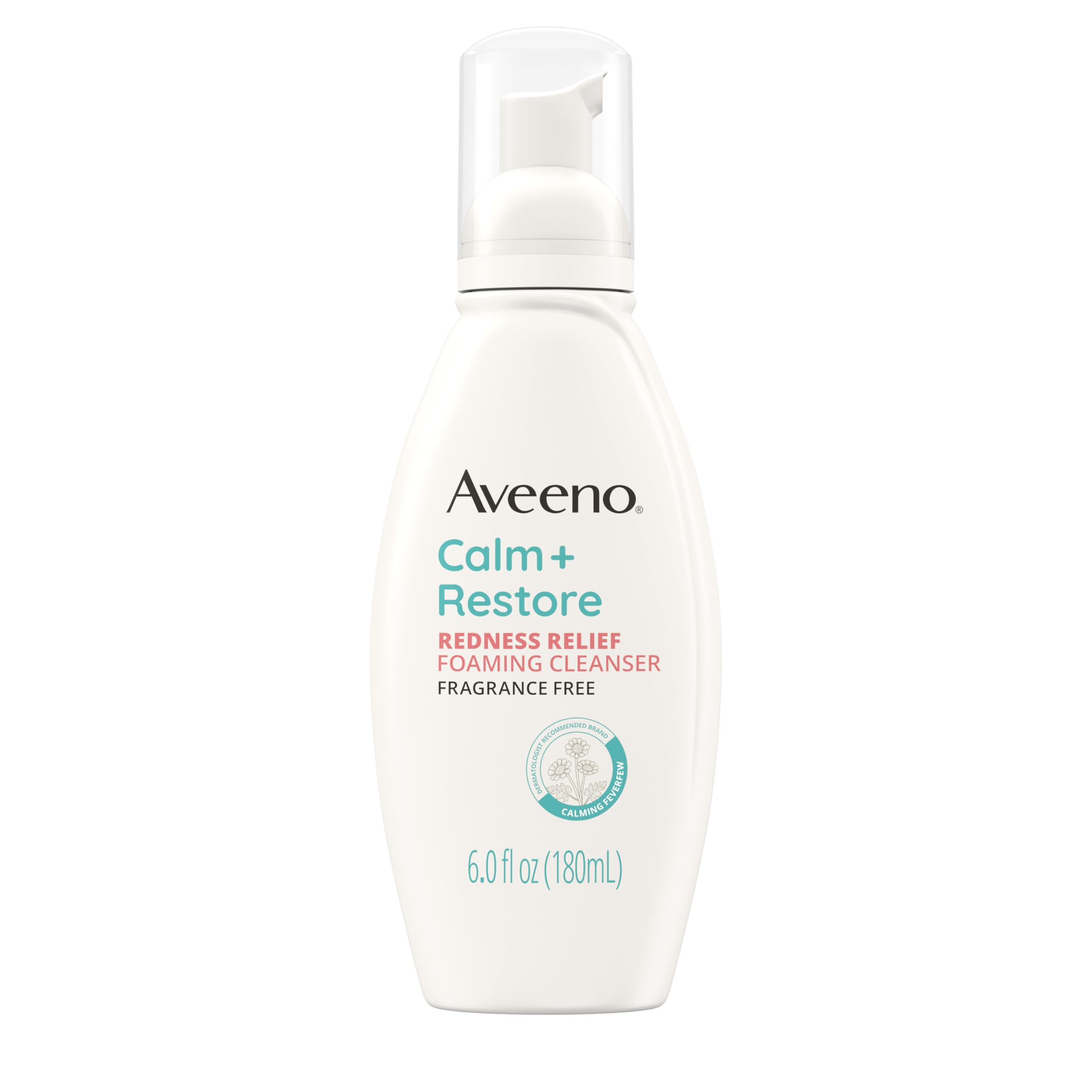 Aveeno Calm + Restore Redness Relief Foaming Cleanser, Daily Facial Cleanser With Calming Feverfew to Help Reduce the Appearance of Redness, Hypoallergenic & Fragrance-Free, 6 fl. oz