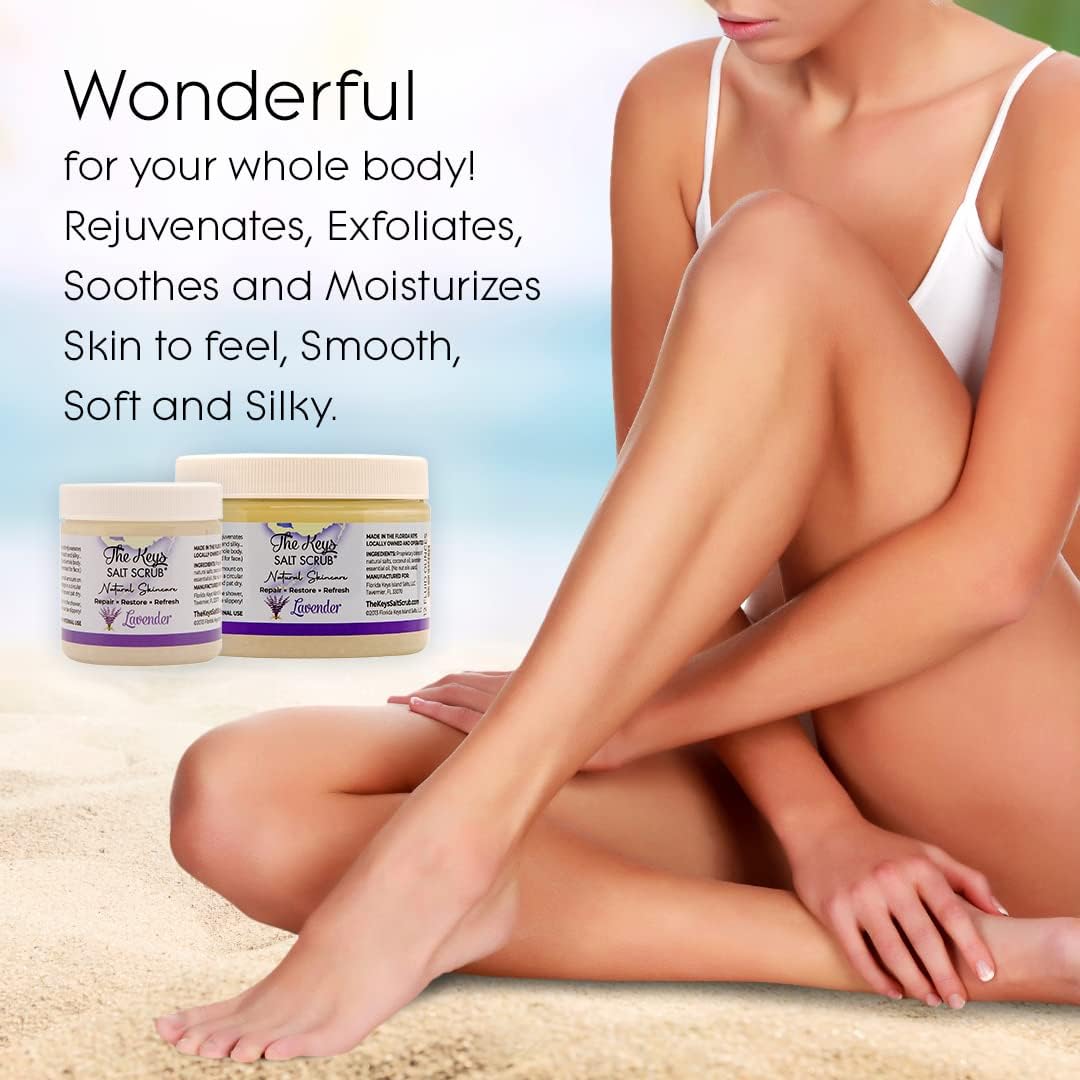 The Keys Salt Scrub - Lavender Sea Salt Scrub - Exfoliating Body Scrub with Wooden Spoon - Moisturizing Exfoliator for Face, Hands, Foot, Bath, Manicure & Pedicure, and Bikini Area Skin Care (12 oz.)