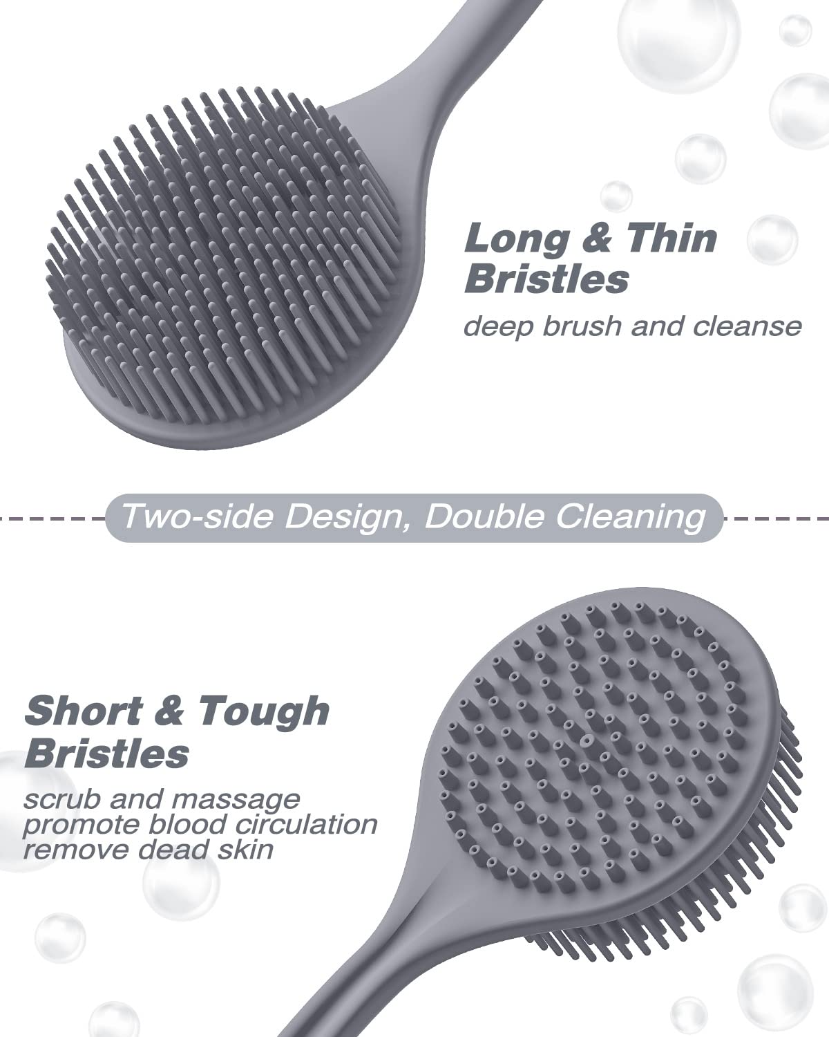 ManmiHealth Silicone Back Scrubber & Soft Shower Brush Set(2 PCS), Super-Exfoliating Body Scrubber (Thin Bristles)& Super-Lathering Bath Glove Combination, with a Free Hook (Grey)