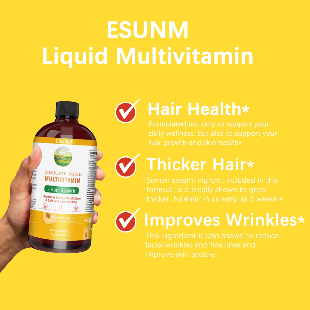 Complete Liquid Multivitamin + Hair Growth, Promotes Energy Metabolism& Skin and Hair Function| Vitamin C D | B Vitamins | Help to Thicker Hair, Wrinkles, Fine Lines, Skin Care (16.23OZ)