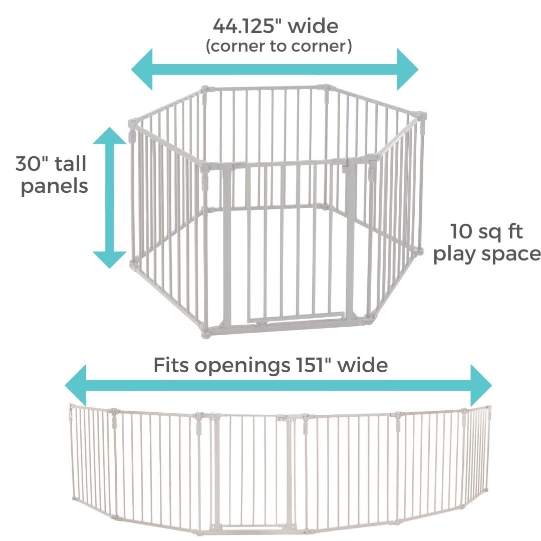 Toddleroo by North States 3 in 1 Metal Superyard 6 Panel Play Yard, Baby Gate, Playpen or Extra Wide Baby Fence, 151 Wide. Wall Mount Kit Included. 10 sq ft play yard (30 tall, Taupe)