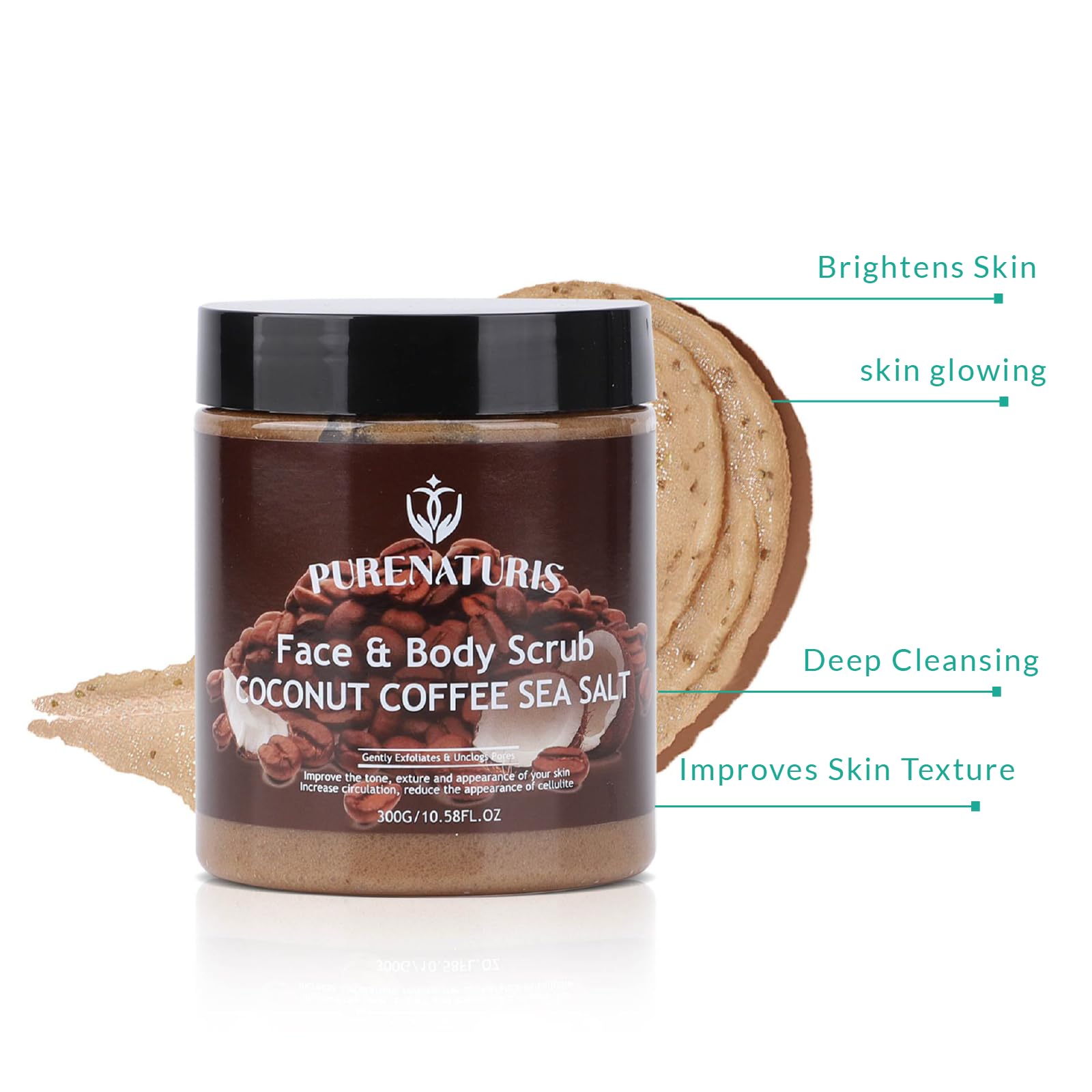 PureNaturis Coconut Coffee Sea Salt Scrub - Exfoliating & Moisturizing Face and Body Scrub with Natural Ingredients, Energizing and Hydrating, 10.58 Ounce