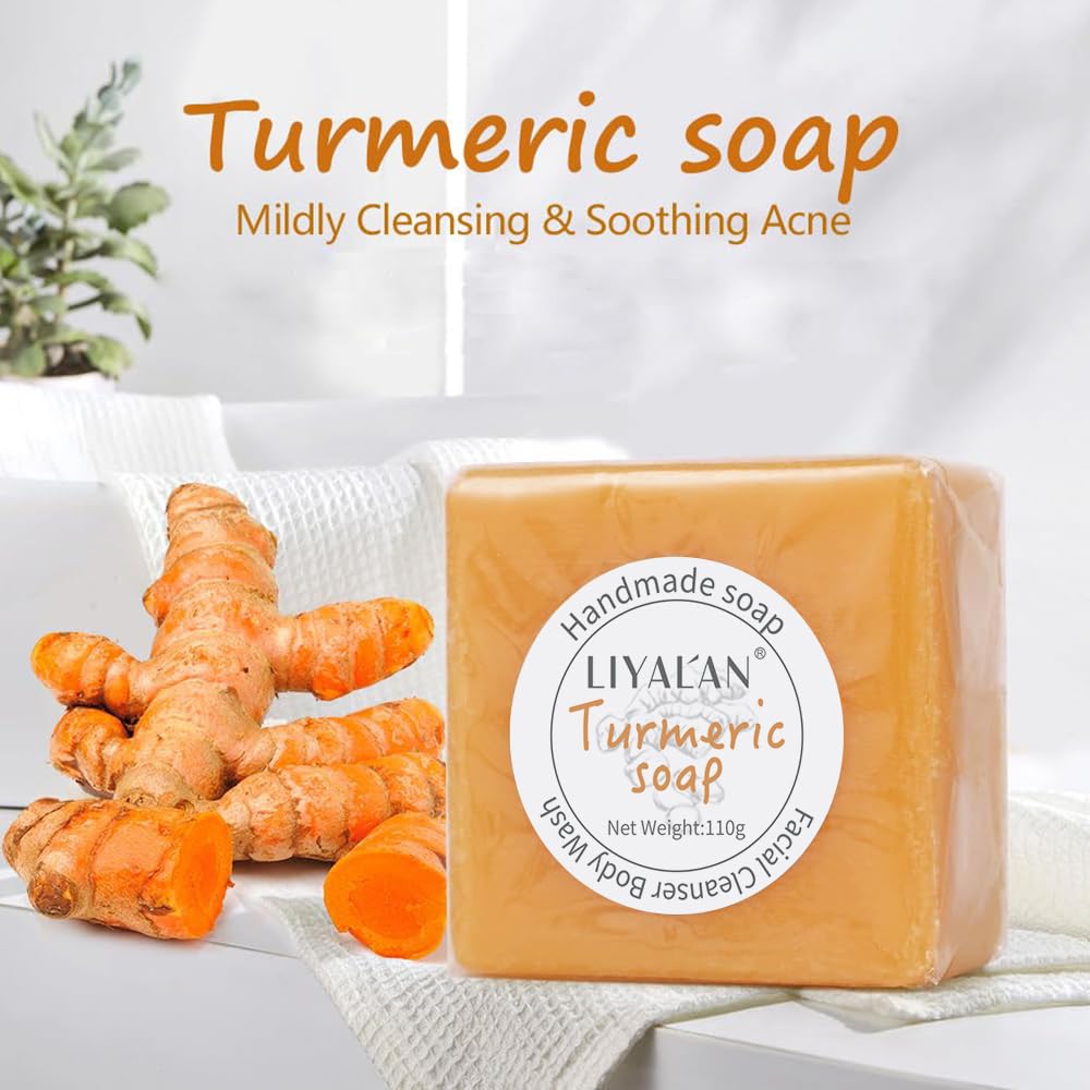 LIYALAN Turmeric Soap Bar 3.88 oz X 2Bars for Face Body Smooth Skin,Cleansing Natural Handmade Sensitive Skin Vegan Formula