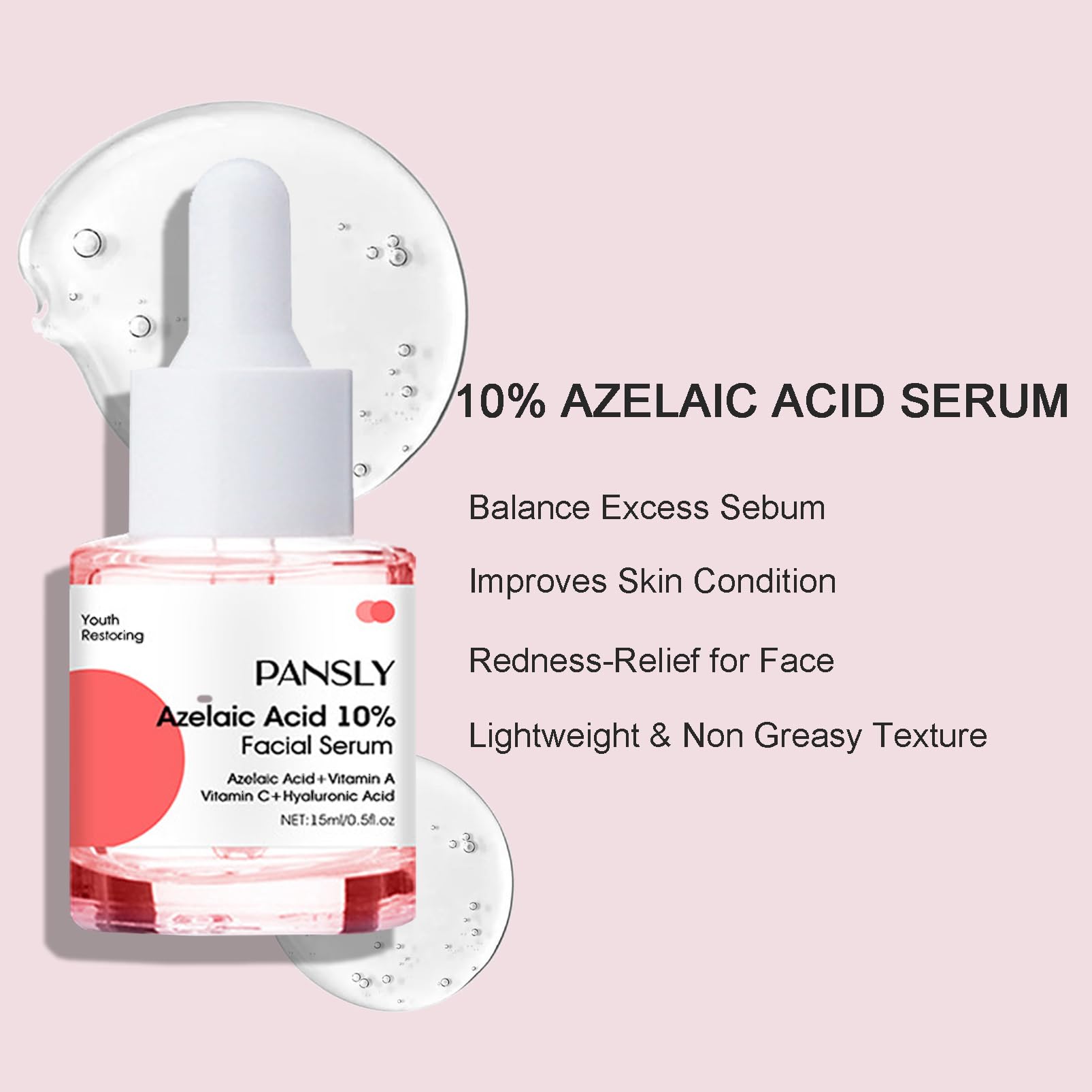 Azelaic Acid Serum, Azelaic Acid 10% Facial Serum, Skin Hyaluronic Acid Serum for Face, Redness-Relief for Face, Redness Reducing Skin Care, Balance Excess Sebum, 0.5oz