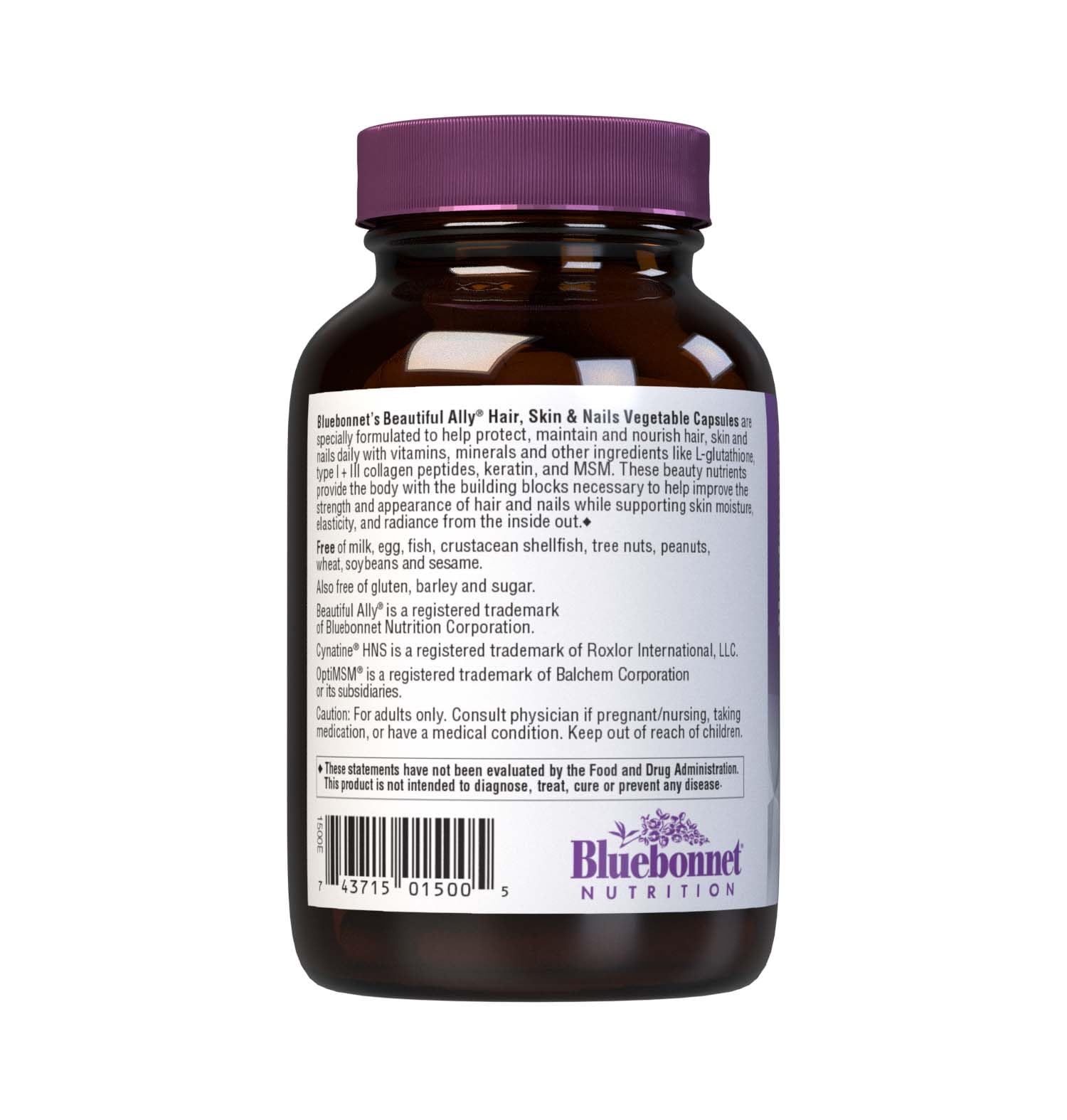 Bluebonnet Nutrition Beautiful Ally Hair, Skin & Nails, Hydrolyzed Collagen from Grass Fed Cows, Collagen Peptides Type 1 & 3, Non GMO, Gluten Free, Soy Free, Milk Free, Kosher, 60 Vegetable Capsules