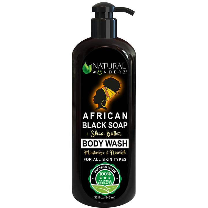Natural Wunderz Body Wash with African Black Soap and Shea Butter, 32 Fl Oz Shower Gel, Promotes Acne Treatment, Contains All Natural Extracts, Vegan, and Sulfate-Free Body Scrub