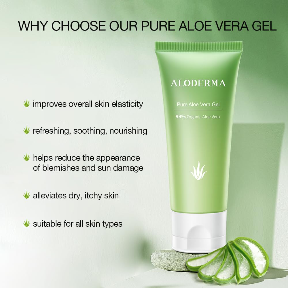 Aloderma 99% Organic Aloe Vera Gel Made within 12 Hours of Harvest, Refreshing Travel Size Aloe Vera Gel for Face & Body, Cooling, Soothing Instant Relief for Skin & Sunburn, Hydrating Aloe Gel, 1.5oz