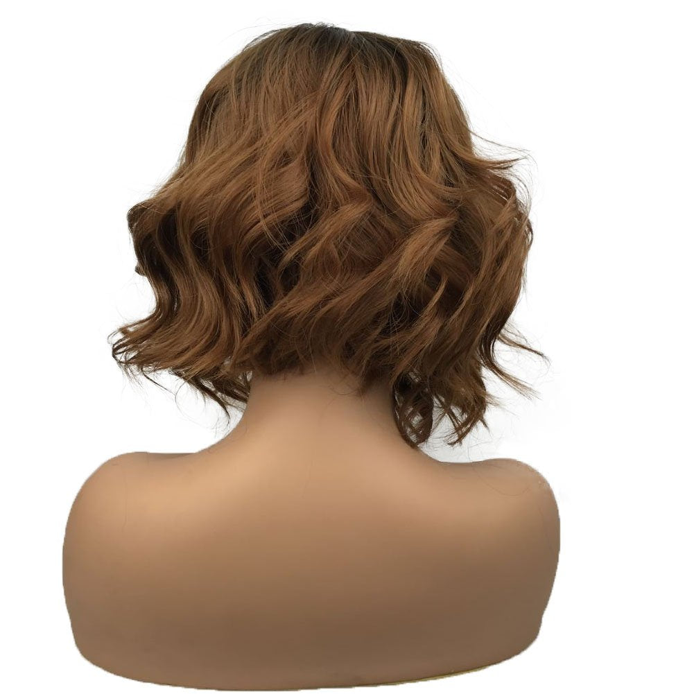 Wiginway Short Curly Wavy Wig Brown Ombre Bob Full Synthetic Wig For Women Medium 12 Inch