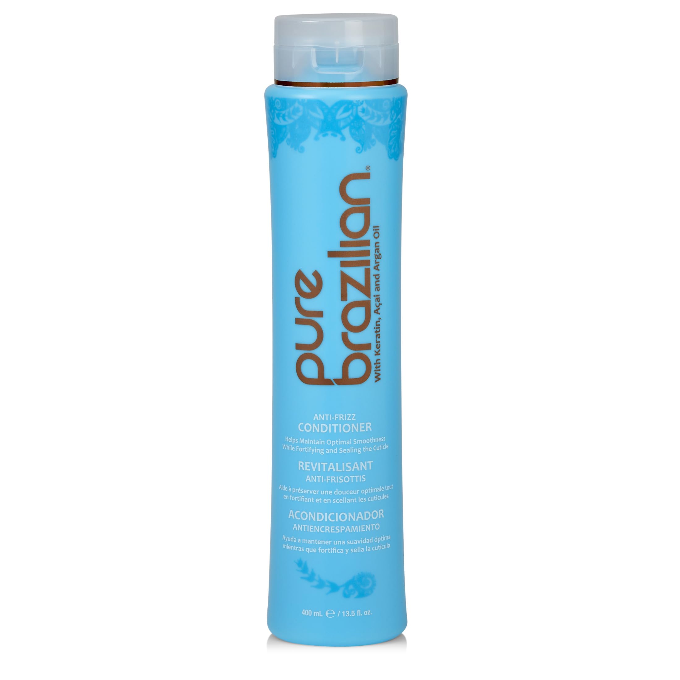 Pure Brazilian Anti-Frizz Daily Conditioner with Keratin & Acai, Smoothing & Strengthening for Shinier, Frizz-Free Hair, 13.5 Oz
