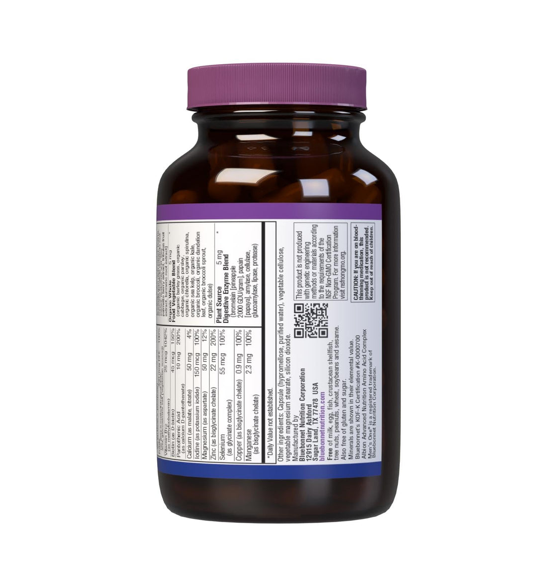 Bluebonnet Nutrition Mens' ONE 40+ Whole Food-Based Multiple, Men Multivitamin for Men 40+, Soy-Free, Non-GMO, Gluten Free, Kosher, 60 Vegetable Capsules, 60 Servings