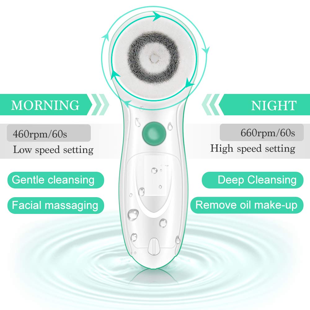TOUCHBeauty Facial Brush Skin Deep Cleansing & Exfoliating Device FDA Certification with 3 Spin Brushes Original & Official Manufacture Direct | Travel Case, Waterproof, Battery Powered Mint Green