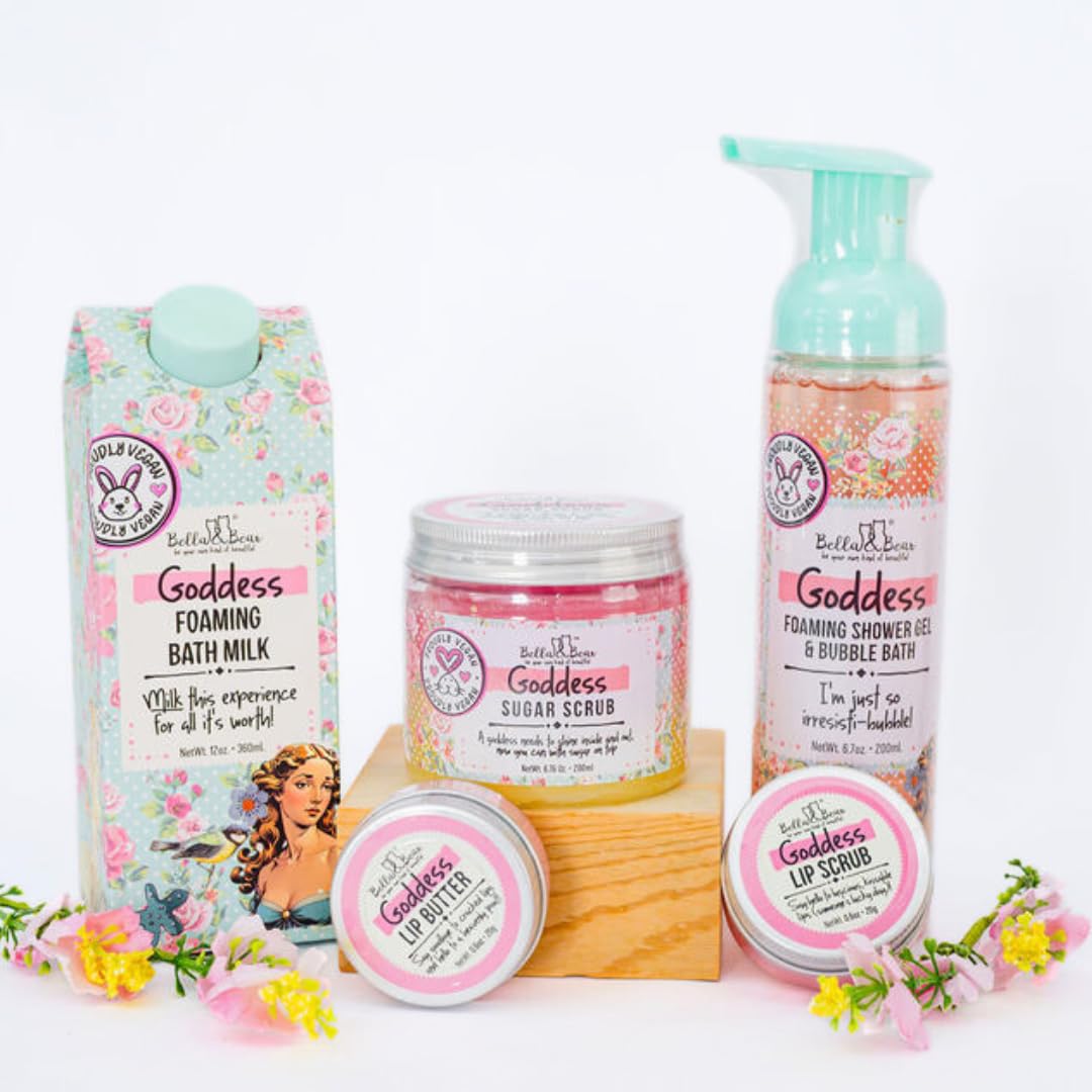 Bella & Bear Goddess Mega Bath & Body Gift Set with Foaming Shower Gel & Bubble Bath, Bath Milk, Body Scrub & Lip Scrub and Lip Butter - Gift for Women for Easter gifts or Mothers Day basket.