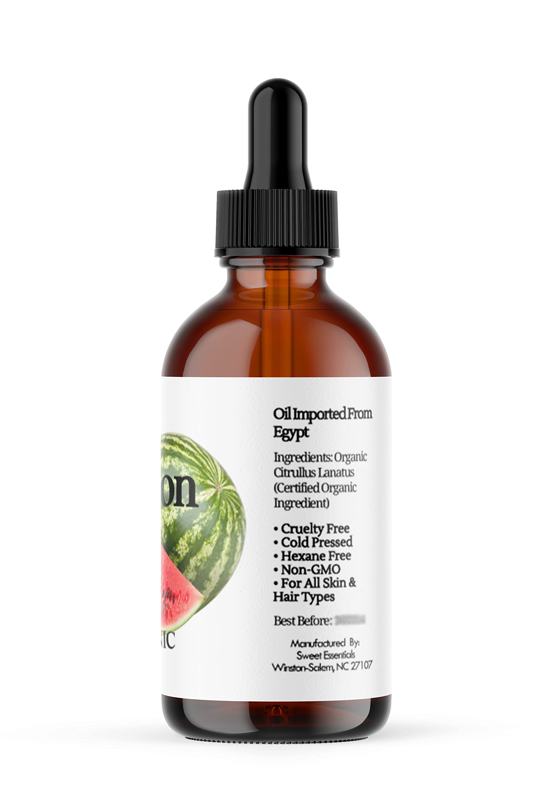 100% Organic Watermelon Seed Oil | Imported From Egypt | Various Sizes | 100% Pure | Cold-Pressed | Natural Moisturizer for Skin, Hair and Face | By Sweet Essentials (4 fl oz Glass Bottle)
