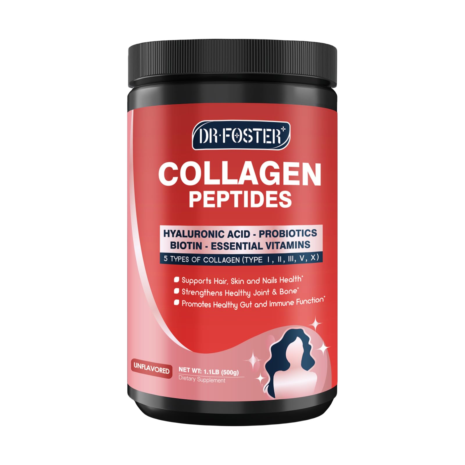 DRFOSTER Multi-Collagen-Peptide-Powder with Probiotics, 50 Servings of Hydrolyzed Collagen Peptides with Hyaluronic Acid, Biotin & Multivitamins - Supports Skin, Hair, Nails Health