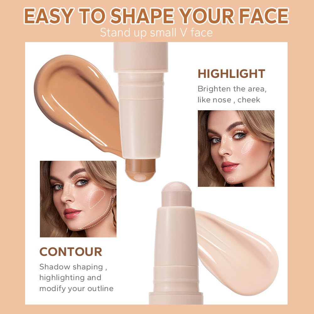 Double head contour stick, Highlight & Contour Bronzer Stick, durable and waterproof contour stick set, facial makeup contour face cream(01#Bronzer contour and glow sticks)